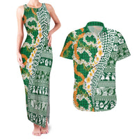Hawaiian Plumeria Lei Couples Matching Tank Maxi Dress and Hawaiian Shirt Kakau Motifs and Palaka Half Style Green Color LT03 Green - Polynesian Pride