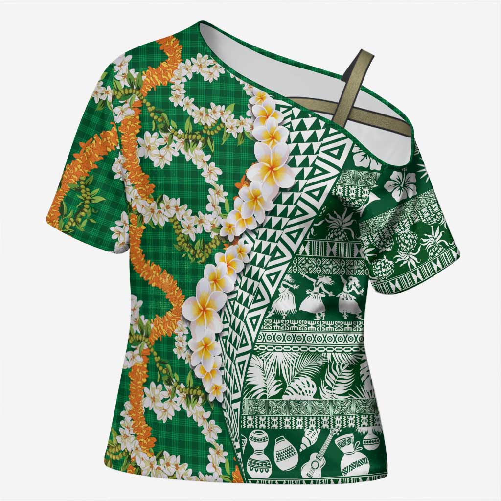 Hawaiian Plumeria Lei Cross Shoulder Shirt Kakau Motifs and Palaka Half Style Green Color LT03 Female Green - Polynesian Pride