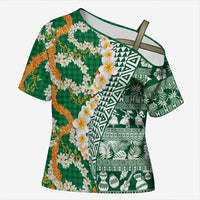 Hawaiian Plumeria Lei Cross Shoulder Shirt Kakau Motifs and Palaka Half Style Green Color LT03 Female Green - Polynesian Pride