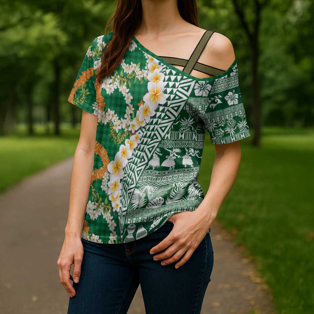 Hawaiian Plumeria Lei Cross Shoulder Shirt Kakau Motifs and Palaka Half Style Green Color LT03 - Polynesian Pride