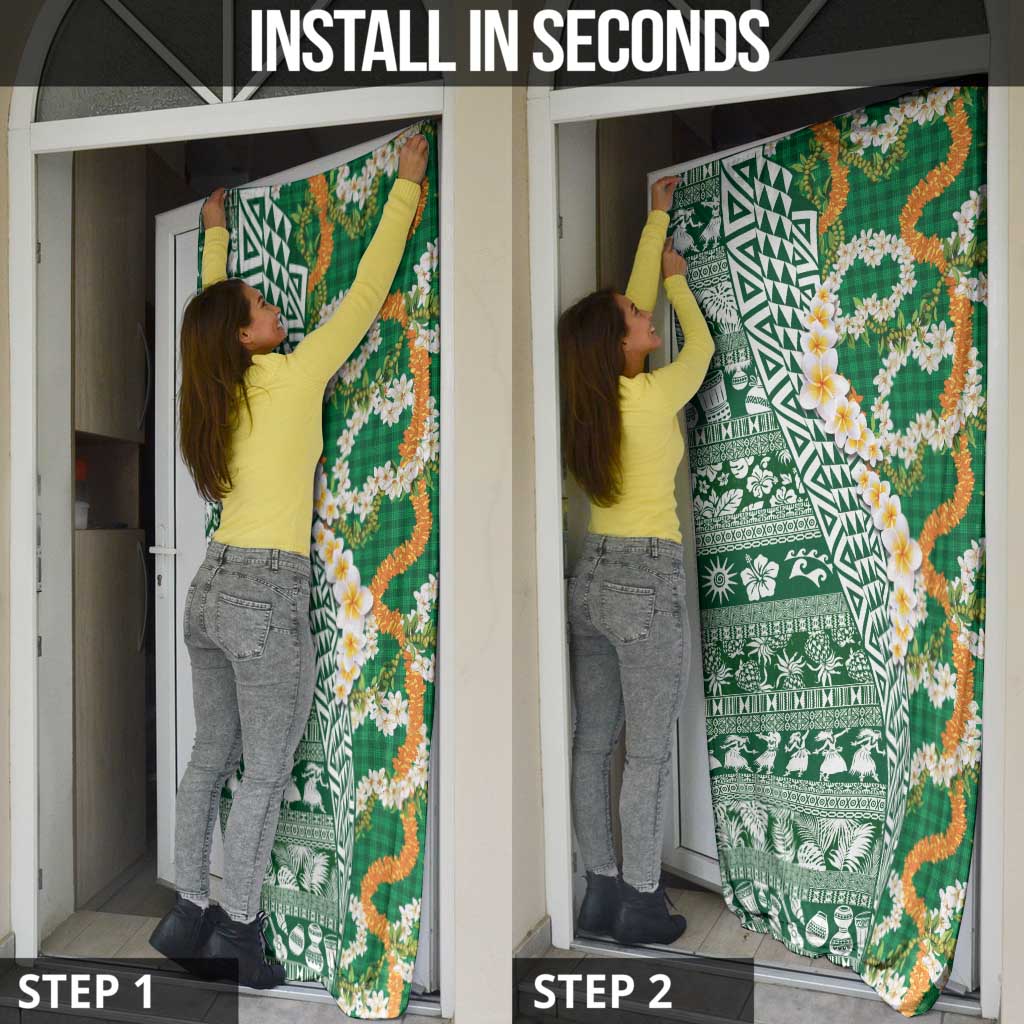 Hawaiian Plumeria Lei Door Cover Kakau Motifs and Palaka Half Style Green Color LT03 - Polynesian Pride