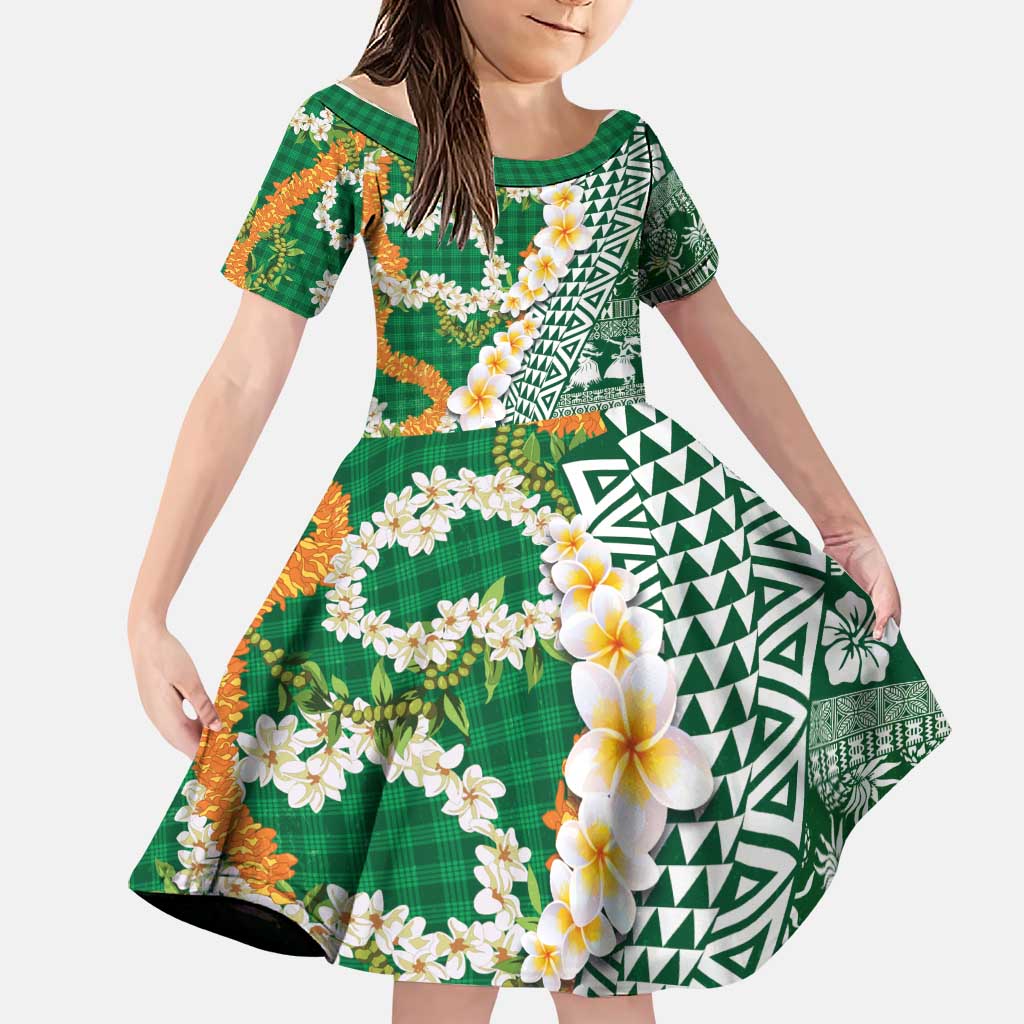 Hawaiian Plumeria Lei Family Matching Long Sleeve Bodycon Dress and Hawaiian Shirt Kakau Motifs and Palaka Half Style Green Color LT03 Daughter's Dress Green - Polynesian Pride