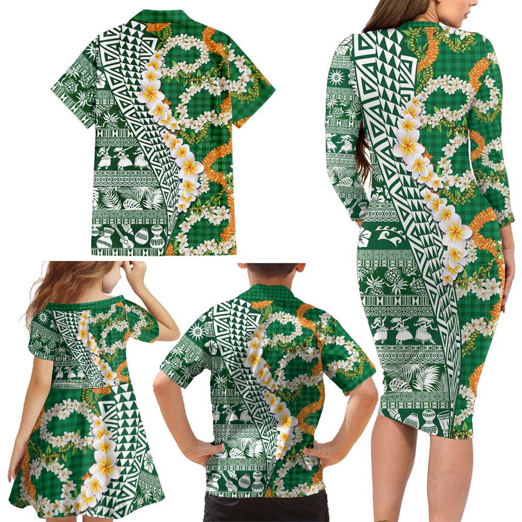 Hawaiian Plumeria Lei Family Matching Long Sleeve Bodycon Dress and Hawaiian Shirt Kakau Motifs and Palaka Half Style Green Color LT03 - Polynesian Pride