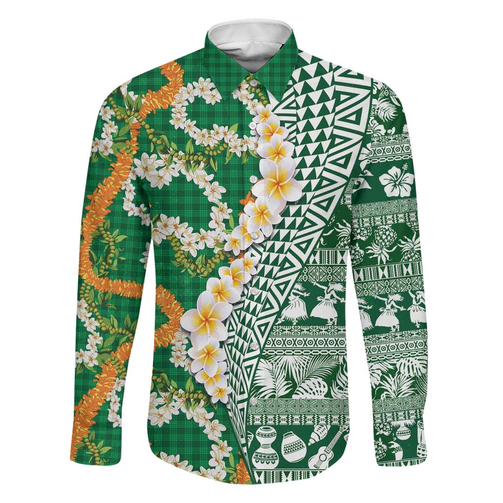 Hawaiian Plumeria Lei Family Matching Mermaid Dress and Hawaiian Shirt Kakau Motifs and Palaka Half Style Green Color LT03 Dad's Shirt - Long Sleeve Green - Polynesian Pride