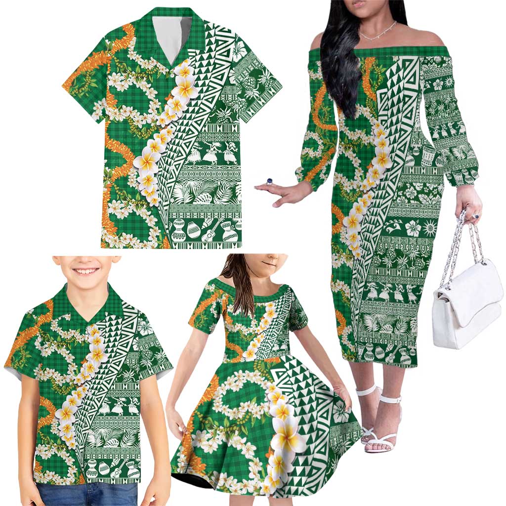 Hawaiian Plumeria Lei Family Matching Off The Shoulder Long Sleeve Dress and Hawaiian Shirt Kakau Motifs and Palaka Half Style Green Color - Polynesian Pride