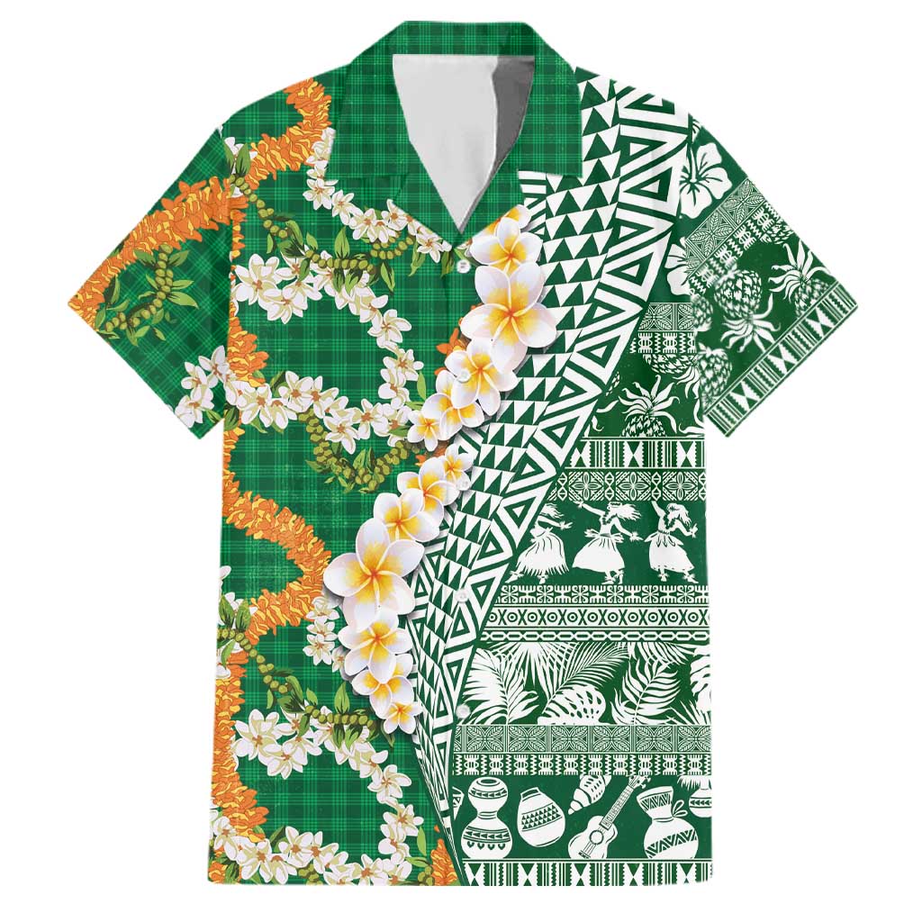 Hawaiian Plumeria Lei Family Matching Off Shoulder Maxi Dress and Hawaiian Shirt Kakau Motifs and Palaka Half Style Green Color LT03 Dad's Shirt - Short Sleeve Green - Polynesian Pride
