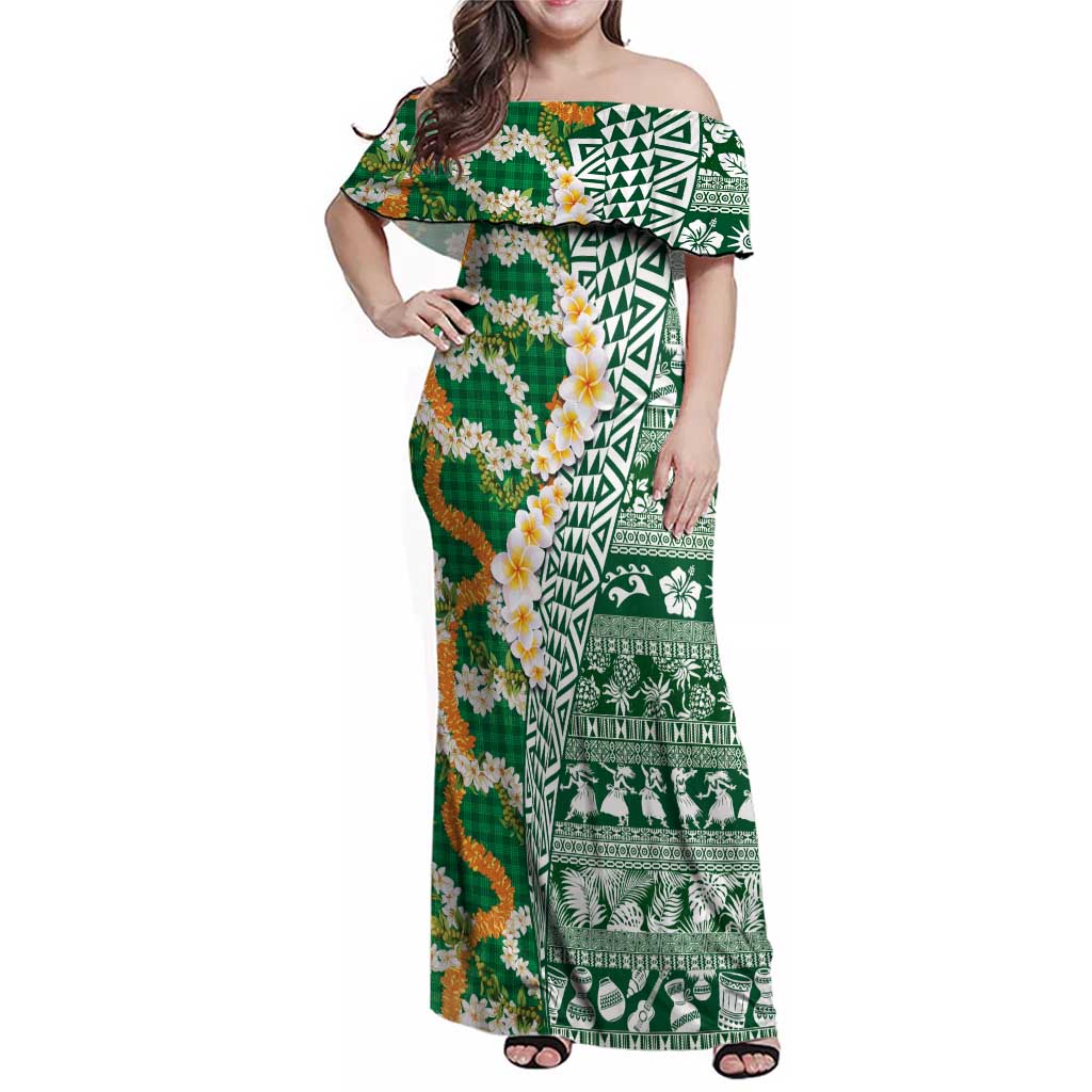 Hawaiian Plumeria Lei Family Matching Off Shoulder Maxi Dress and Hawaiian Shirt Kakau Motifs and Palaka Half Style Green Color LT03 Mom's Dress Green - Polynesian Pride