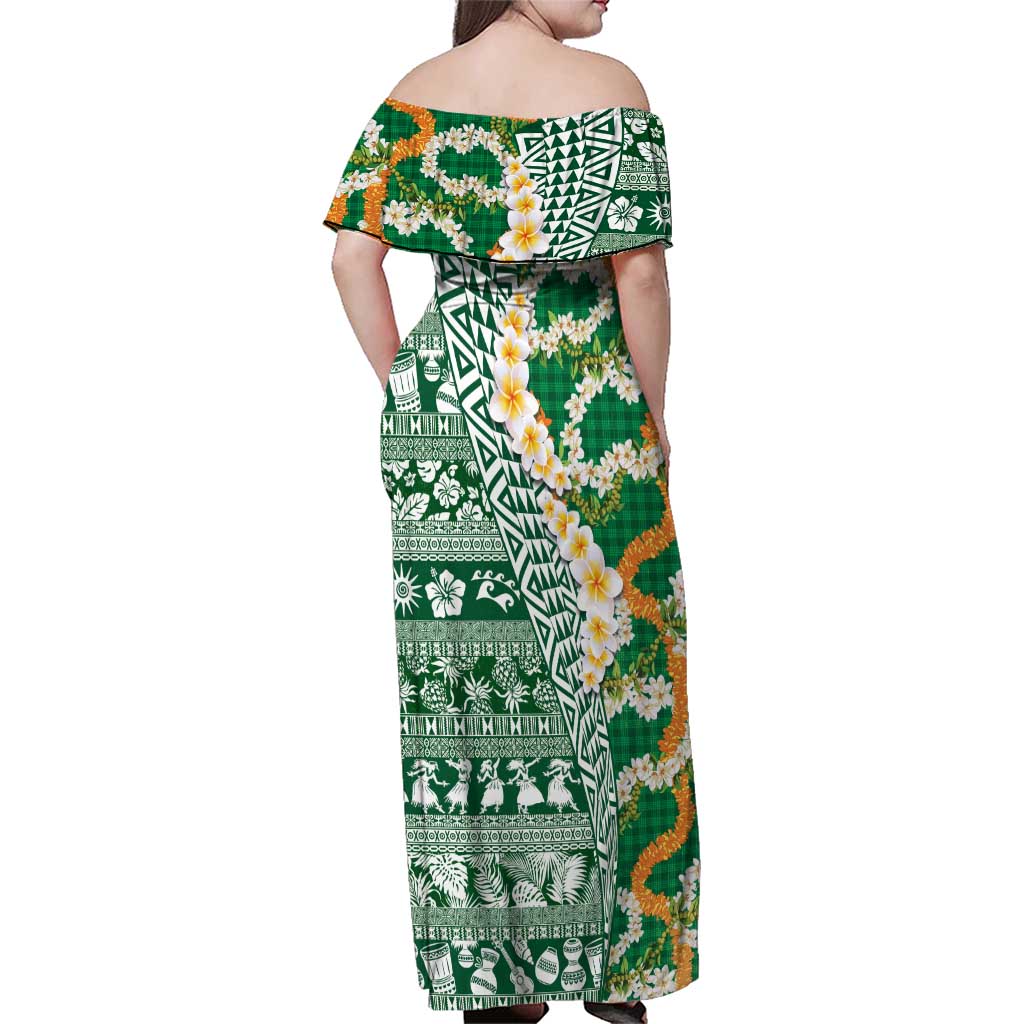 Hawaiian Plumeria Lei Family Matching Off Shoulder Maxi Dress and Hawaiian Shirt Kakau Motifs and Palaka Half Style Green Color LT03 - Polynesian Pride