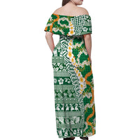Hawaiian Plumeria Lei Family Matching Off Shoulder Maxi Dress and Hawaiian Shirt Kakau Motifs and Palaka Half Style Green Color LT03 - Polynesian Pride