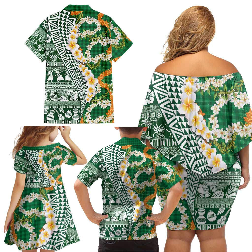 Hawaiian Plumeria Lei Family Matching Off Shoulder Short Dress and Hawaiian Shirt Kakau Motifs and Palaka Half Style Green Color LT03 - Polynesian Pride
