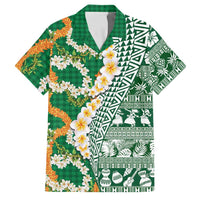 Hawaiian Plumeria Lei Family Matching Off Shoulder Short Dress and Hawaiian Shirt Kakau Motifs and Palaka Half Style Green Color LT03 Dad's Shirt - Short Sleeve Green - Polynesian Pride