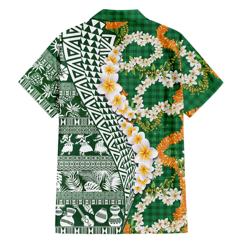 Hawaiian Plumeria Lei Family Matching Off Shoulder Short Dress and Hawaiian Shirt Kakau Motifs and Palaka Half Style Green Color LT03 - Polynesian Pride