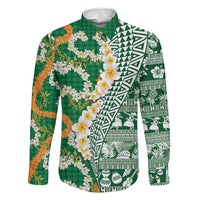 Hawaiian Plumeria Lei Family Matching Off Shoulder Short Dress and Hawaiian Shirt Kakau Motifs and Palaka Half Style Green Color LT03 Dad's Shirt - Long Sleeve Green - Polynesian Pride