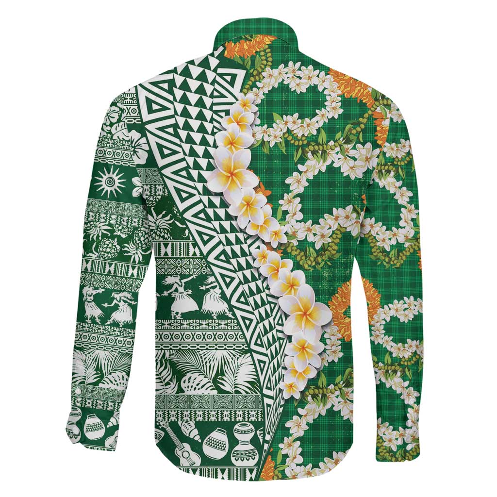Hawaiian Plumeria Lei Family Matching Off Shoulder Short Dress and Hawaiian Shirt Kakau Motifs and Palaka Half Style Green Color LT03 - Polynesian Pride