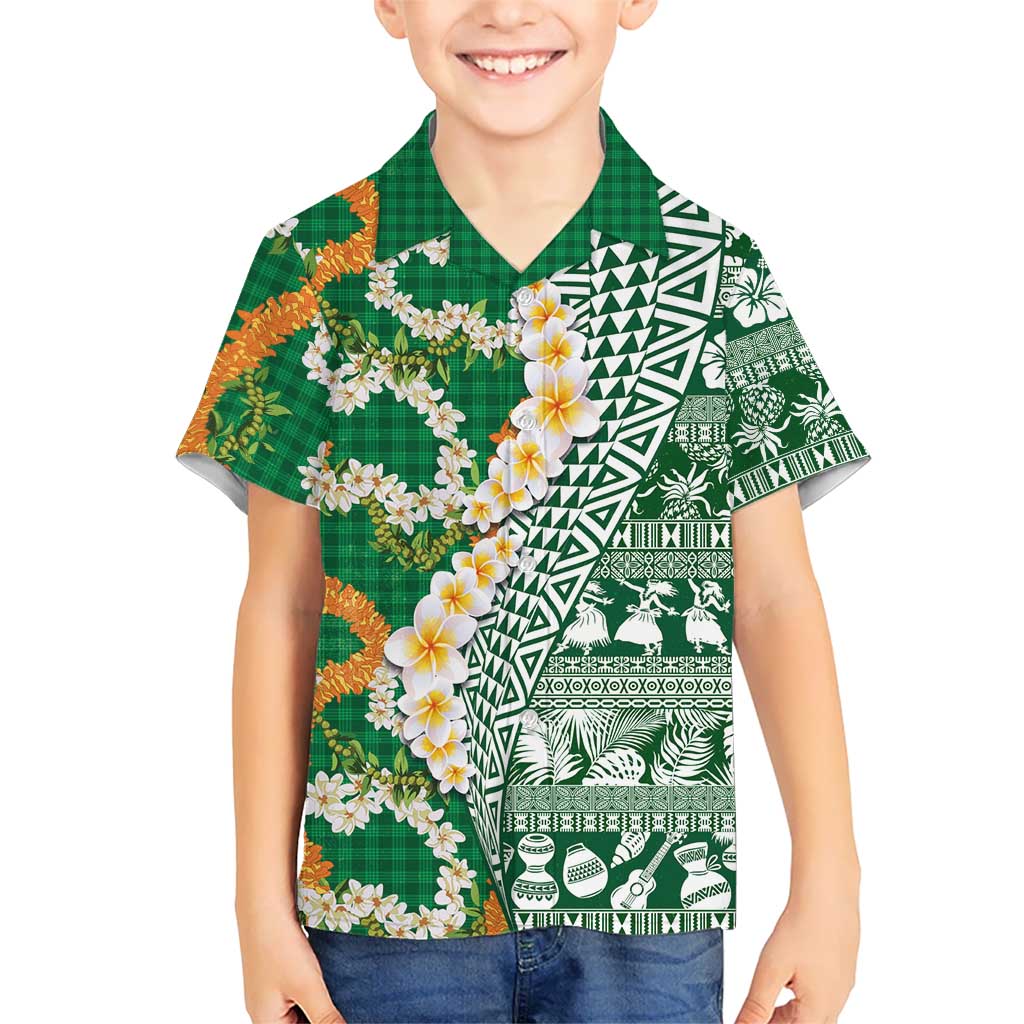 Hawaiian Plumeria Lei Family Matching Off Shoulder Short Dress and Hawaiian Shirt Kakau Motifs and Palaka Half Style Green Color LT03 Son's Shirt Green - Polynesian Pride