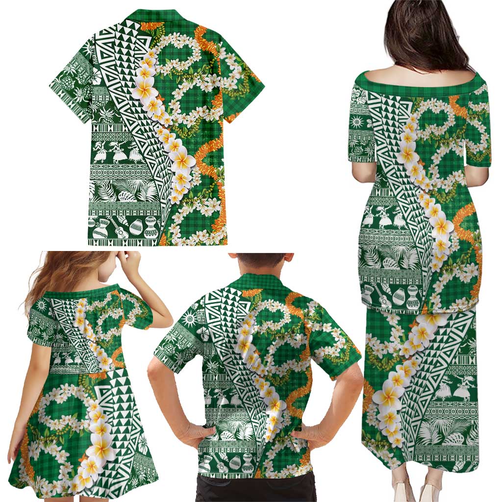 Hawaiian Plumeria Lei Family Matching Puletasi and Hawaiian Shirt Kakau Motifs and Palaka Half Style Green Color LT03 - Polynesian Pride