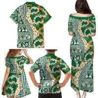Hawaiian Plumeria Lei Family Matching Puletasi and Hawaiian Shirt Kakau Motifs and Palaka Half Style Green Color LT03 - Polynesian Pride