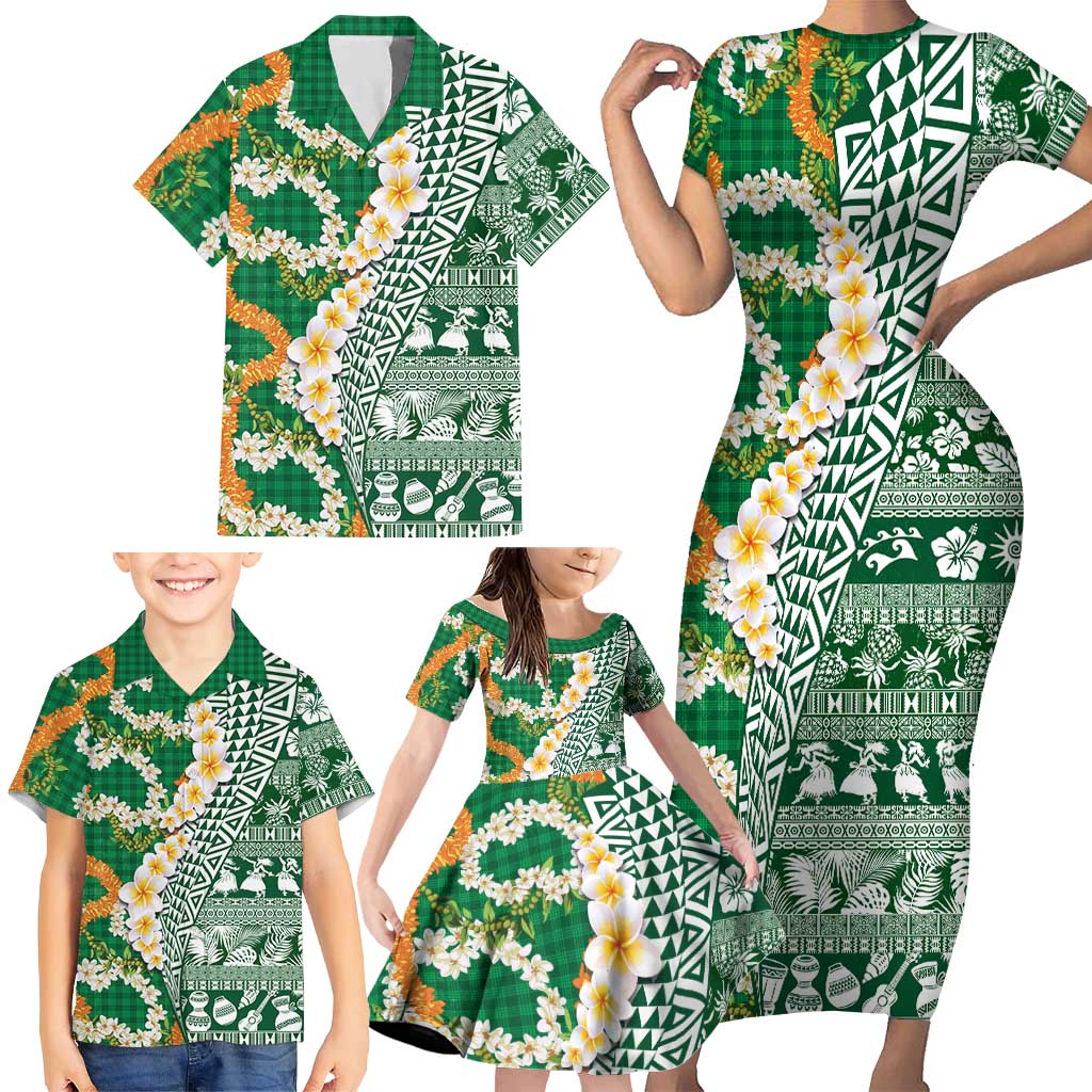 Hawaiian Plumeria Lei Family Matching Short Sleeve Bodycon Dress and Hawaiian Shirt Kakau Motifs and Palaka Half Style Green Color - Polynesian Pride