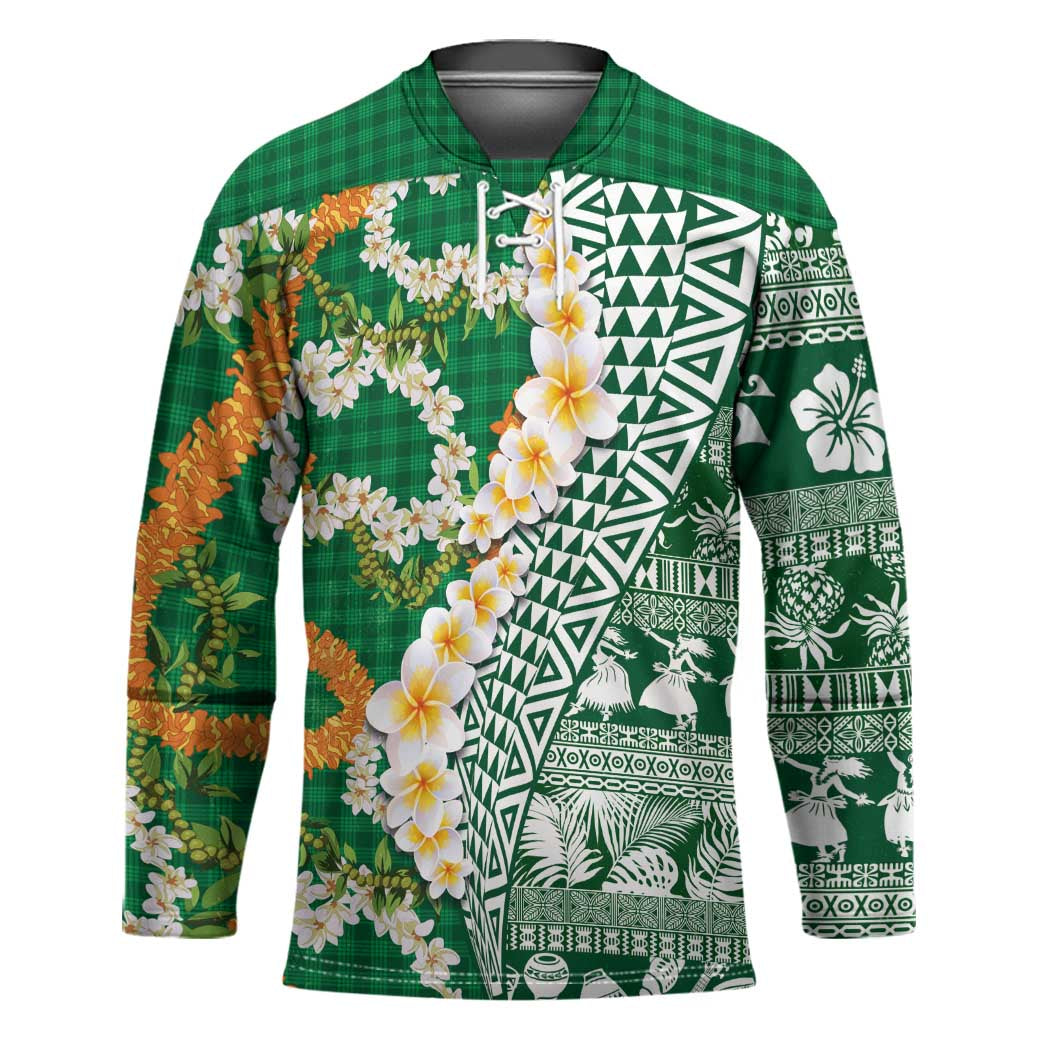 Hawaiian Plumeria Lei Hockey Jersey Kakau Motifs and Palaka Half Style Green Color LT03 Unisex Green - Polynesian Pride