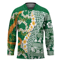 Hawaiian Plumeria Lei Hockey Jersey Kakau Motifs and Palaka Half Style Green Color LT03 Unisex Green - Polynesian Pride