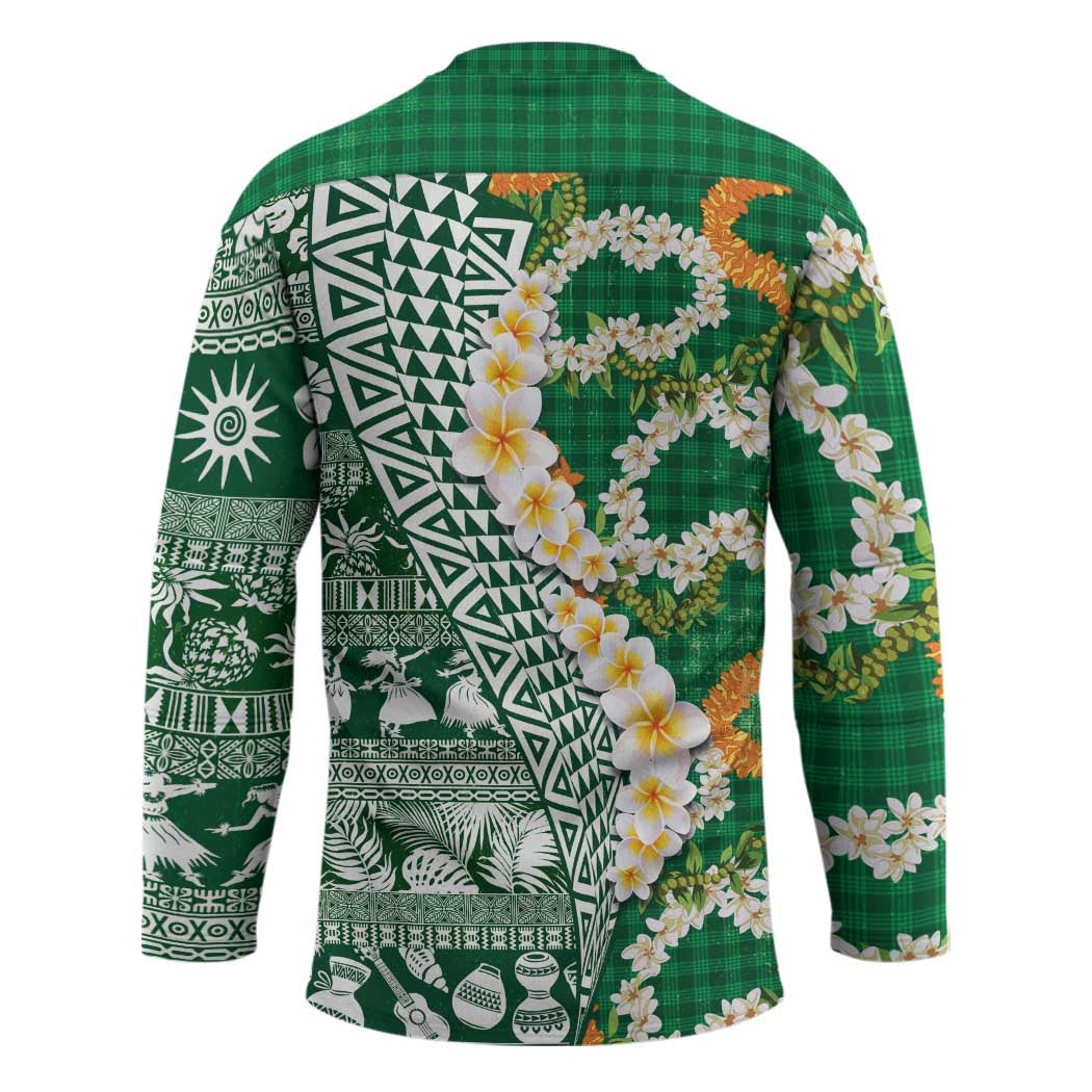 Hawaiian Plumeria Lei Hockey Jersey Kakau Motifs and Palaka Half Style Green Color LT03 - Polynesian Pride