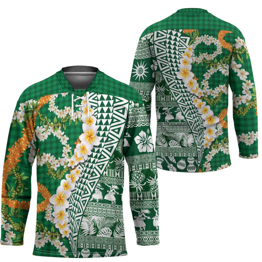 Hawaiian Plumeria Lei Hockey Jersey Kakau Motifs and Palaka Half Style Green Color LT03 - Polynesian Pride