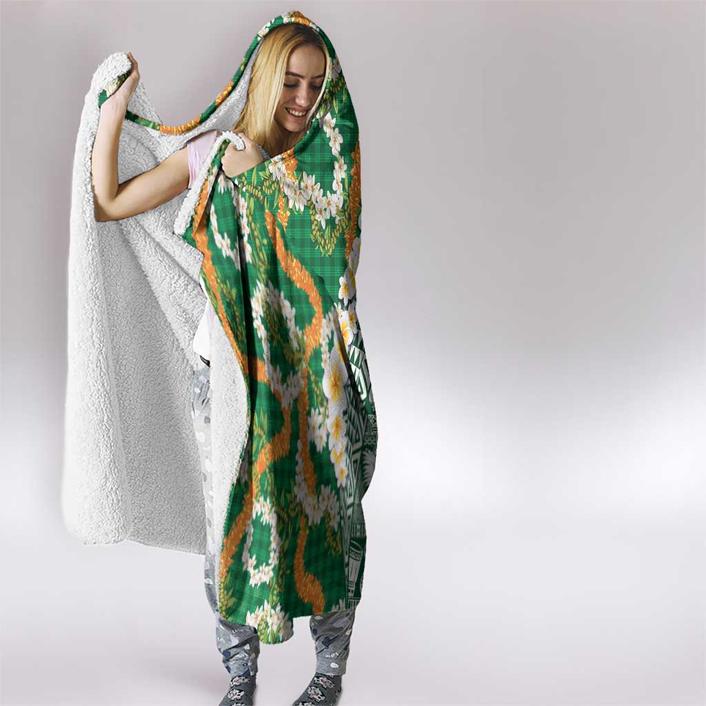 Hawaiian Plumeria Lei Hooded Blanket Kakau Motifs and Palaka Half Style Green Color - Polynesian Pride