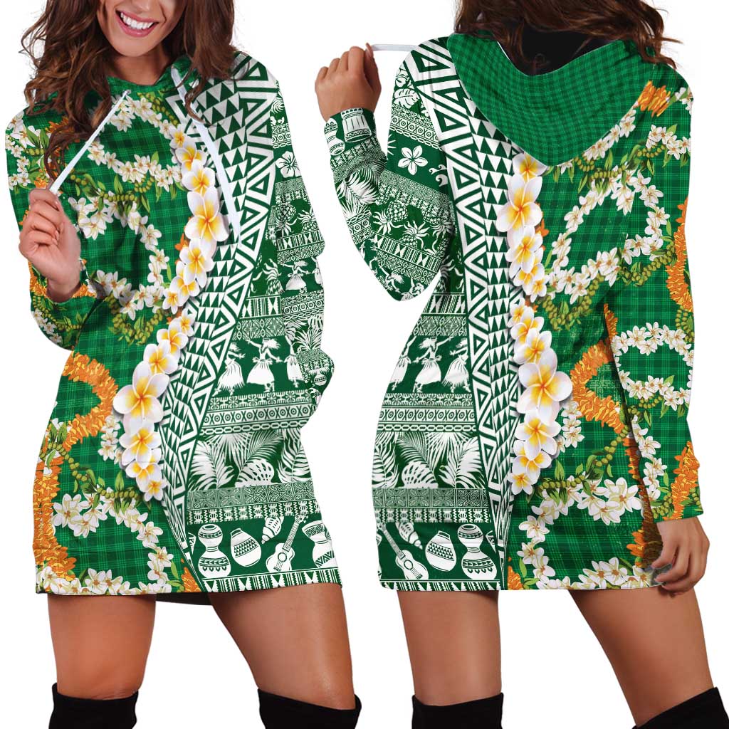 Hawaiian Plumeria Lei Hoodie Dress Kakau Motifs and Palaka Half Style Green Color LT03 - Polynesian Pride