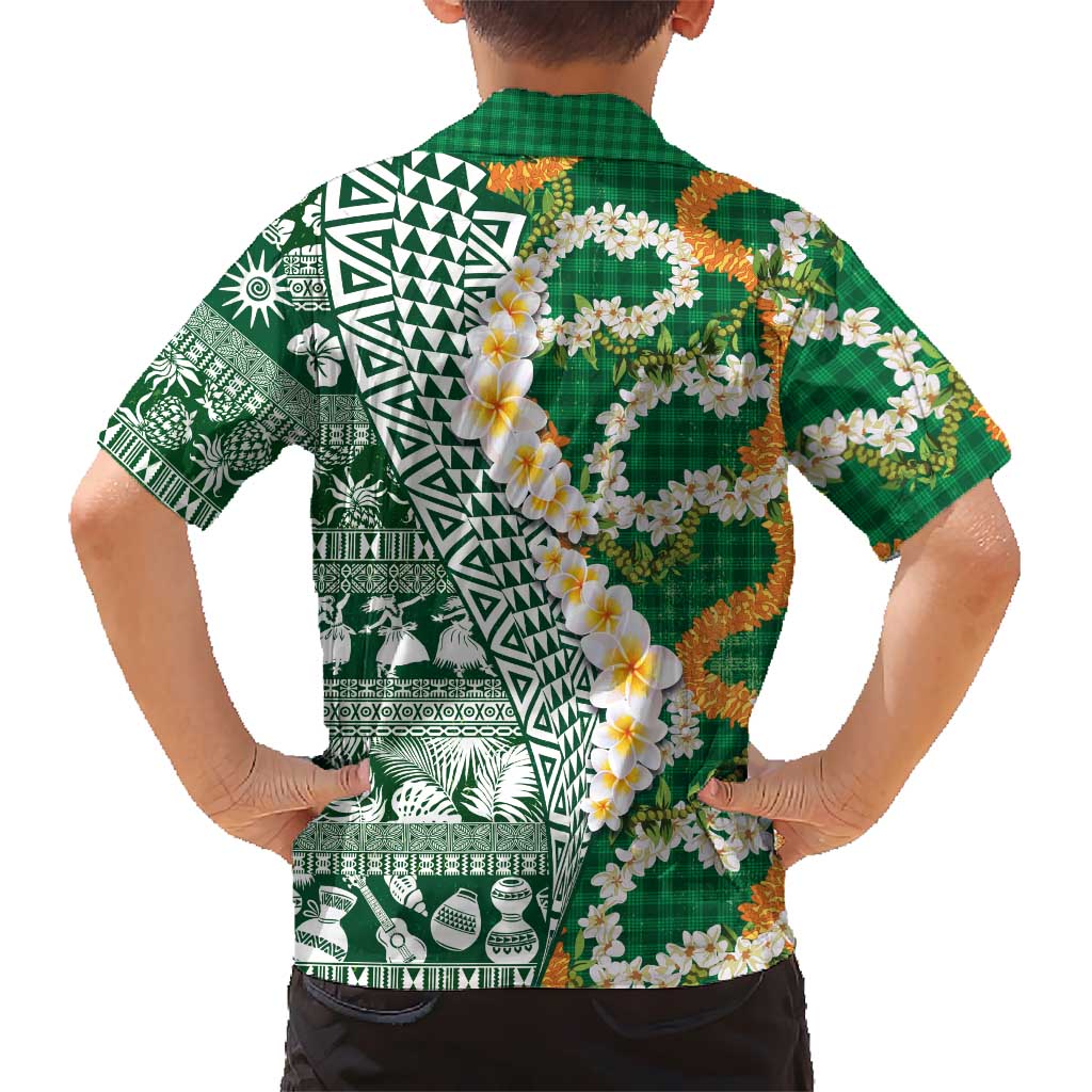 Hawaiian Plumeria Lei Kid Hawaiian Shirt Kakau Motifs and Palaka Half Style Green Color LT03 - Polynesian Pride