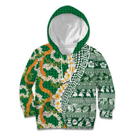Hawaiian Plumeria Lei Kid Hoodie Kakau Motifs and Palaka Half Style Green Color LT03 Hoodie Green - Polynesian Pride