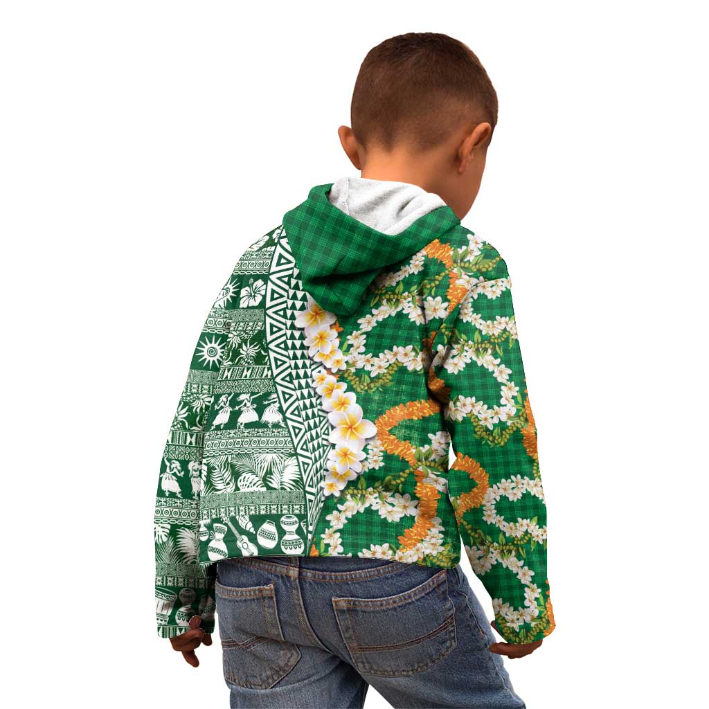Hawaiian Plumeria Lei Kid Hoodie Kakau Motifs and Palaka Half Style Green Color LT03 - Polynesian Pride