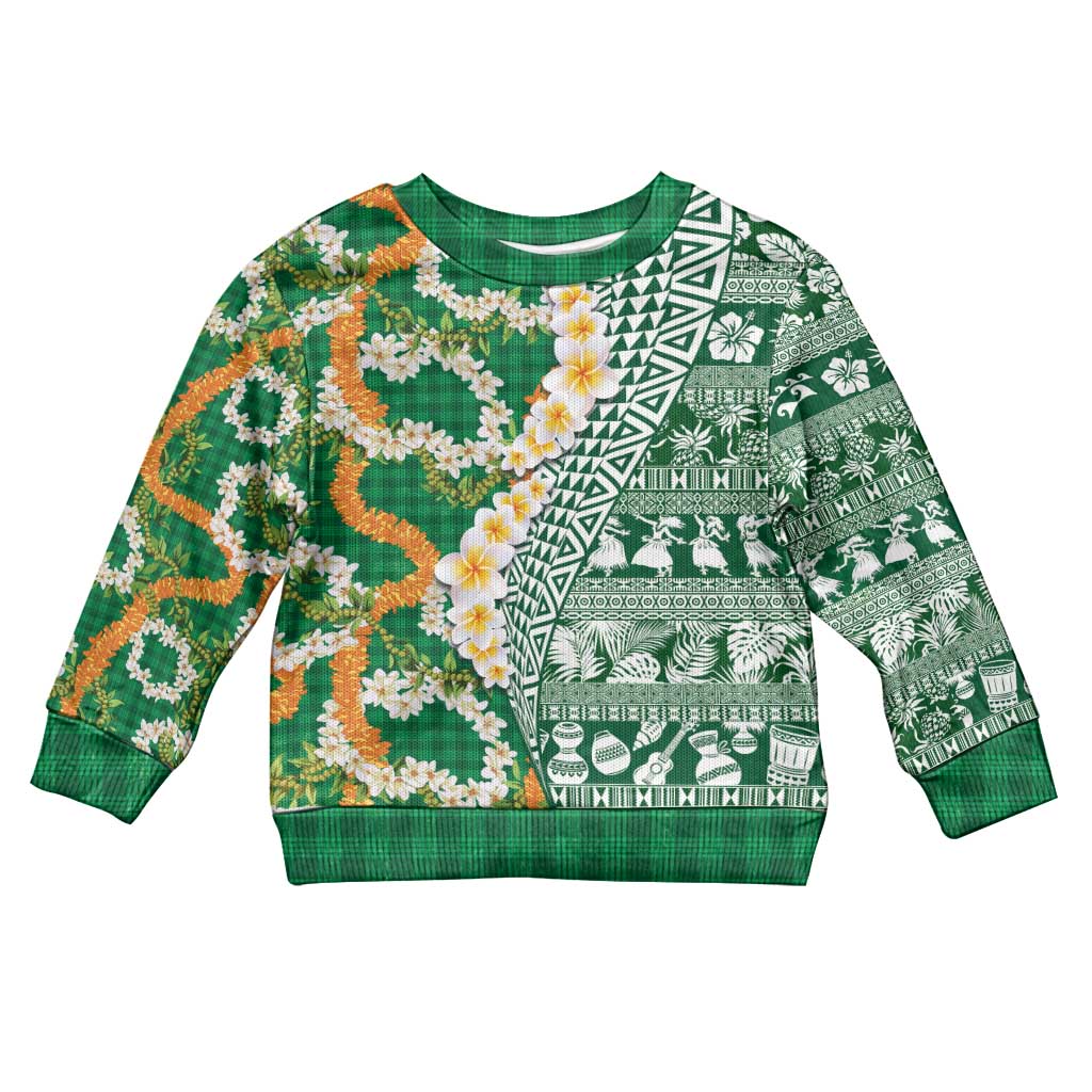 Hawaiian Plumeria Lei Kid Ugly Christmas Sweater Kakau Motifs and Palaka Half Style Green Color LT03 Kid Green - Polynesian Pride