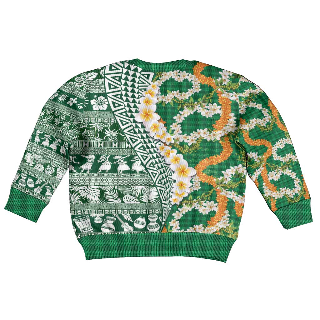 Hawaiian Plumeria Lei Kid Ugly Christmas Sweater Kakau Motifs and Palaka Half Style Green Color LT03 - Polynesian Pride