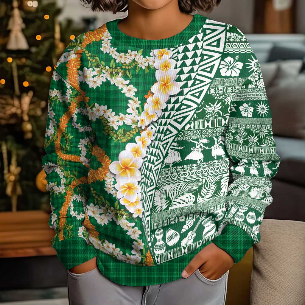 Hawaiian Plumeria Lei Kid Ugly Christmas Sweater Kakau Motifs and Palaka Half Style Green Color LT03 - Polynesian Pride