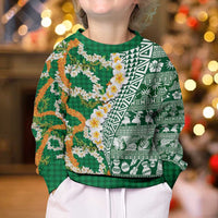 Hawaiian Plumeria Lei Kid Ugly Christmas Sweater Kakau Motifs and Palaka Half Style Green Color LT03 - Polynesian Pride