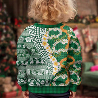 Hawaiian Plumeria Lei Kid Ugly Christmas Sweater Kakau Motifs and Palaka Half Style Green Color LT03 - Polynesian Pride
