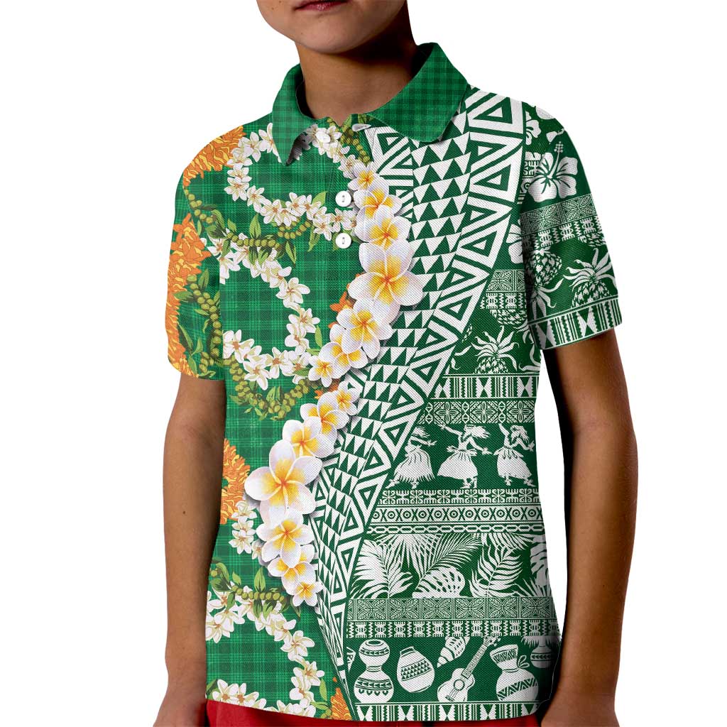 Hawaiian Plumeria Lei Kid Polo Shirt Kakau Motifs and Palaka Half Style Green Color LT03 Kid Green - Polynesian Pride