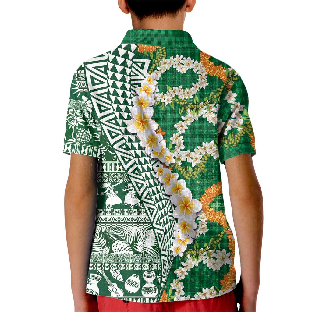 Hawaiian Plumeria Lei Kid Polo Shirt Kakau Motifs and Palaka Half Style Green Color LT03 - Polynesian Pride