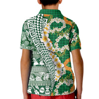 Hawaiian Plumeria Lei Kid Polo Shirt Kakau Motifs and Palaka Half Style Green Color LT03 - Polynesian Pride