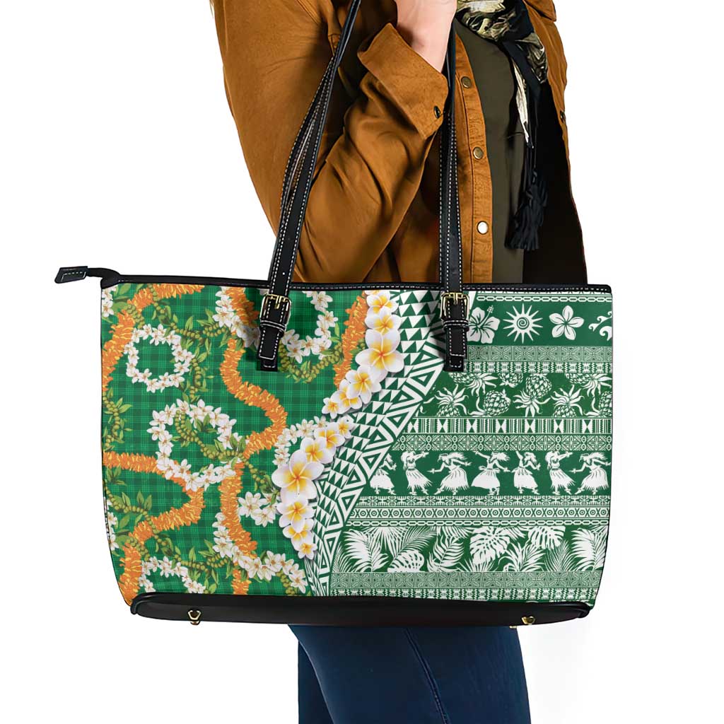 Hawaiian Plumeria Lei Leather Tote Bag Kakau Motifs and Palaka Half Style Green Color - Polynesian Pride