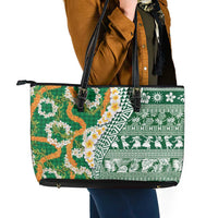 Hawaiian Plumeria Lei Leather Tote Bag Kakau Motifs and Palaka Half Style Green Color - Polynesian Pride
