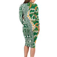 Hawaiian Plumeria Lei Long Sleeve Bodycon Dress Kakau Motifs and Palaka Half Style Green Color LT03 - Polynesian Pride
