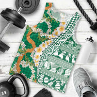 Hawaiian Plumeria Lei Men Tank Top Kakau Motifs and Palaka Half Style Green Color - Polynesian Pride