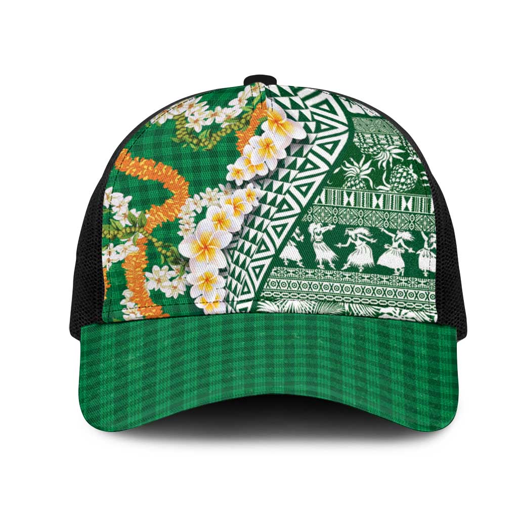 Hawaiian Plumeria Lei Mesh Trucker Cap Kakau Motifs and Palaka Half Style Green Color - Polynesian Pride
