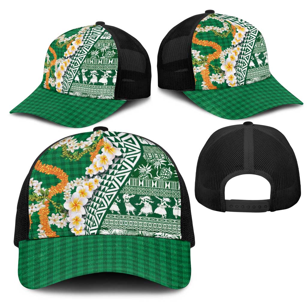 Hawaiian Plumeria Lei Mesh Trucker Cap Kakau Motifs and Palaka Half Style Green Color - Polynesian Pride