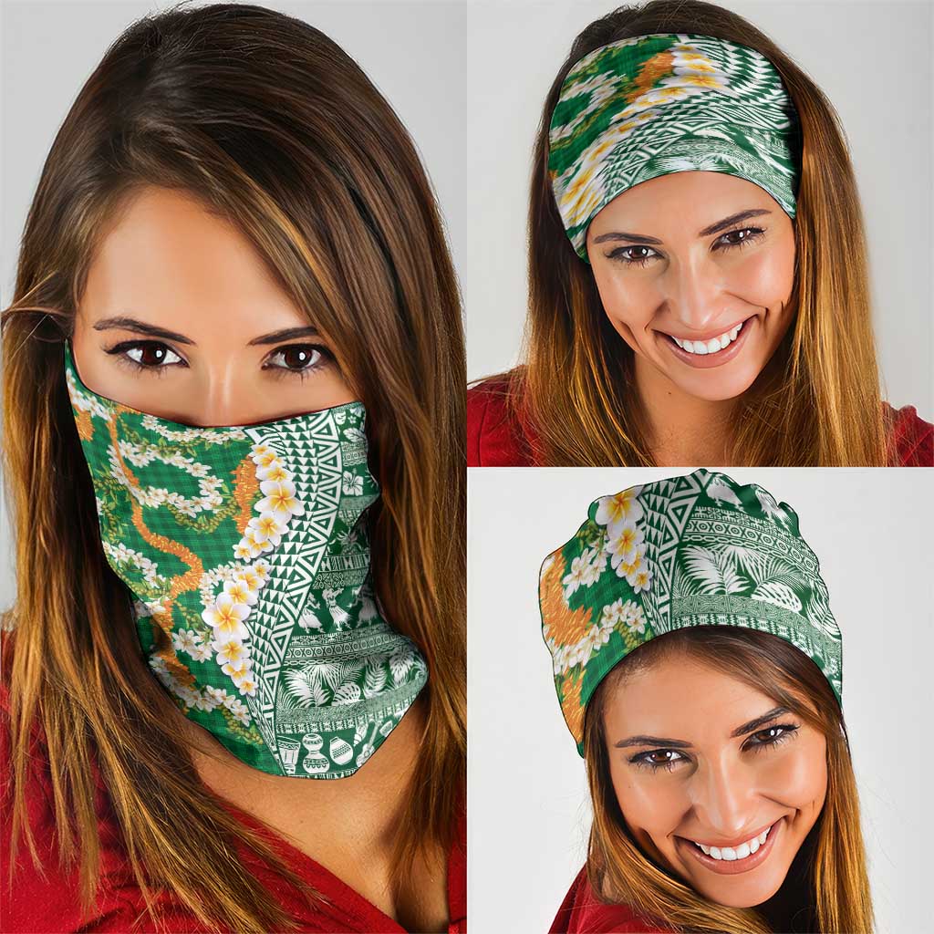 Hawaiian Plumeria Lei Neck Gaiter Kakau Motifs and Palaka Half Style Green Color - Polynesian Pride