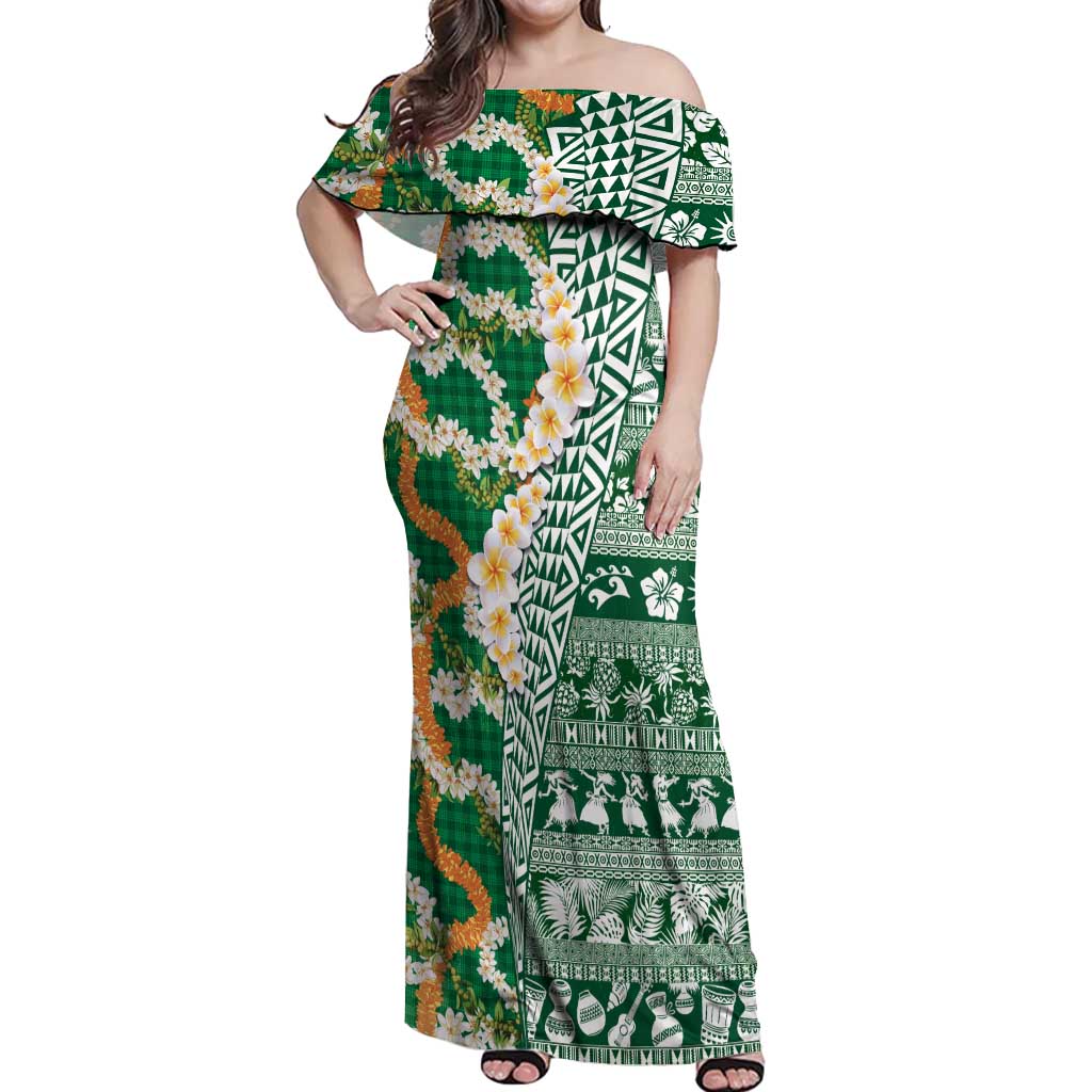 Hawaiian Plumeria Lei Off Shoulder Maxi Dress Kakau Motifs and Palaka Half Style Green Color LT03 Women Green - Polynesian Pride