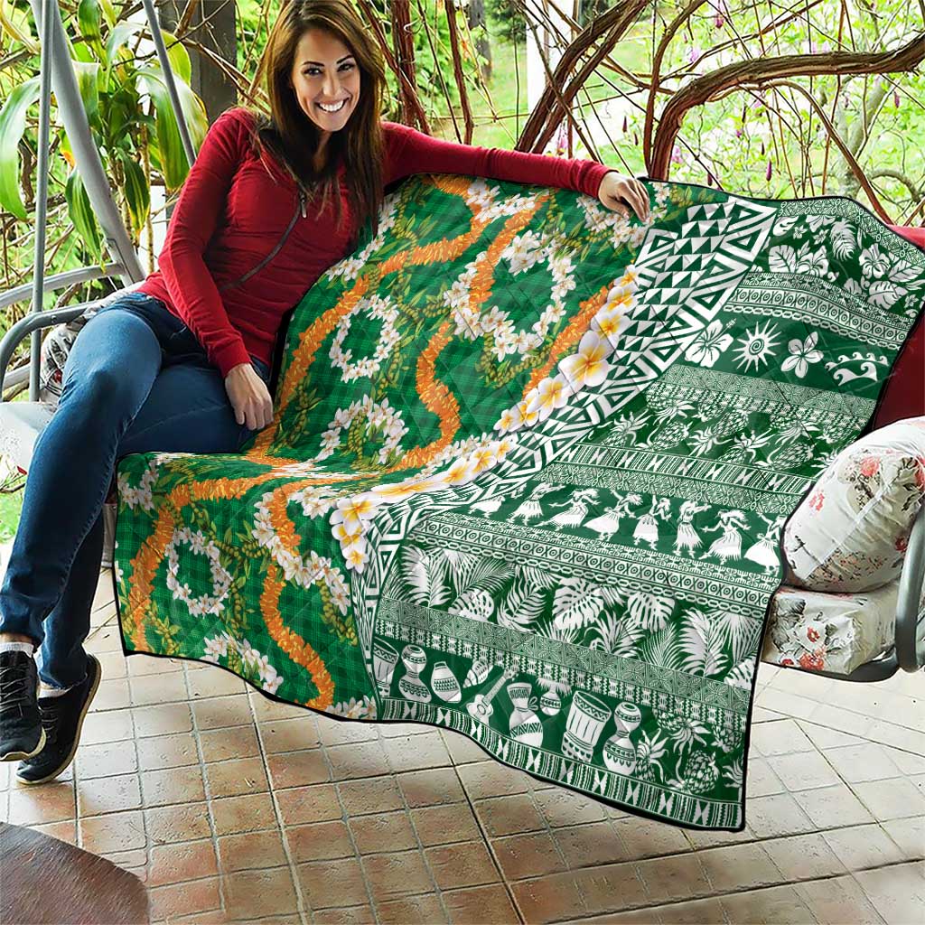 Hawaiian Plumeria Lei Quilt Kakau Motifs and Palaka Half Style Green Color - Polynesian Pride