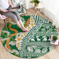 Hawaiian Plumeria Lei Round Carpet Kakau Motifs and Palaka Half Style Green Color - Polynesian Pride