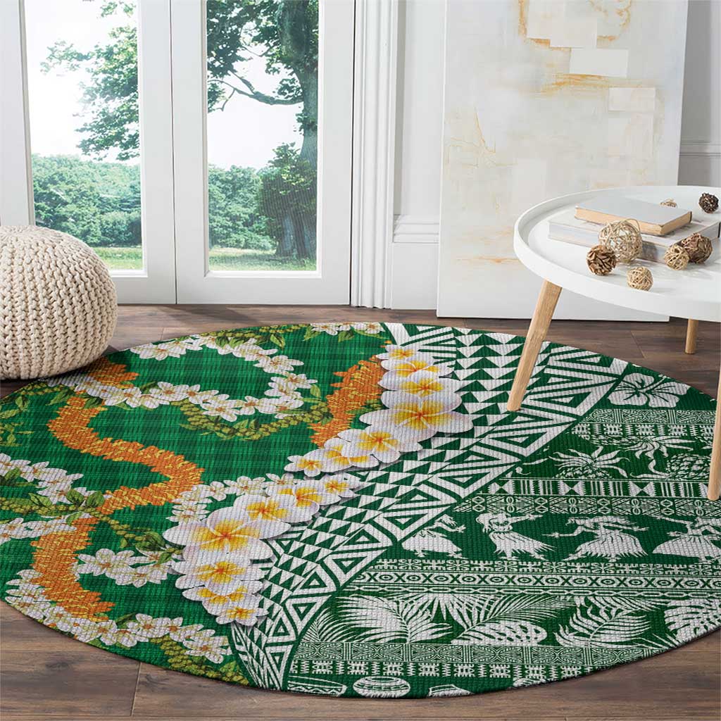 Hawaiian Plumeria Lei Round Carpet Kakau Motifs and Palaka Half Style Green Color - Polynesian Pride